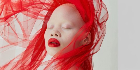 Inclusive Beauty of Albino Woman Wearing Red Veil on White Background: Delicate Fashion Model with Eyes Closed, Symbolizing Love, Care for Special Groups, and Depression Prevention - AI-Generated High
