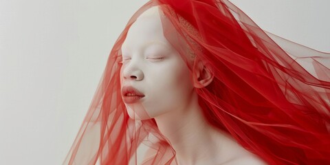 Inclusive Beauty of Albino Woman Wearing Red Veil on White Background: Delicate Fashion Model with Eyes Closed, Symbolizing Love, Care for Special Groups, and Depression Prevention - AI-Generated High