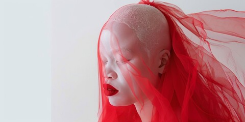 Inclusive Beauty of Albino Woman Wearing Red Veil on White Background: Delicate Fashion Model with Eyes Closed, Symbolizing Love, Care for Special Groups, and Depression Prevention - AI-Generated High