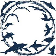 Naklejka premium Ocean Life Silhouettes in a Circular Frame
