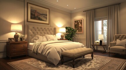 Experience a bedroom with vintage glamour, harmonizing Art Deco inspired furniture