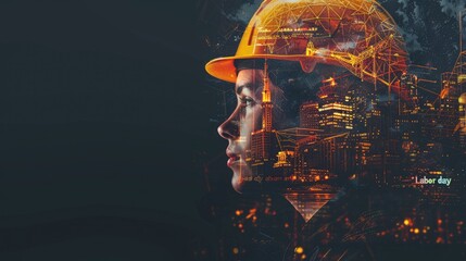 Constructing future: worker in a helmet on background of city construction site, double exposure concept for labour day, honoring contributions and efforts of laborers in urban growth.