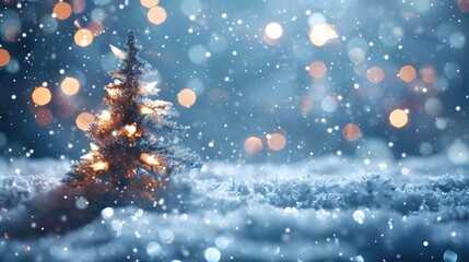 Fototapeta premium Light snow bokeh background on shiny glitter light blue snow winter for Christmas festive background. 