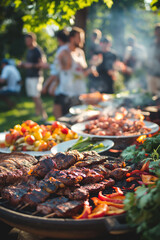 Barbecue grilling on backyard lawn with friends gathering