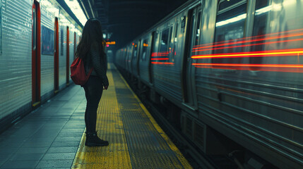 Fototapeta premium woman in front of a subway train in the subway