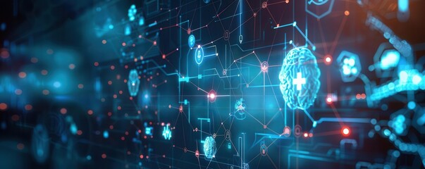 Futuristic digital interface depicting data transfer and AI technology with glowing holographic elements and a dark background.