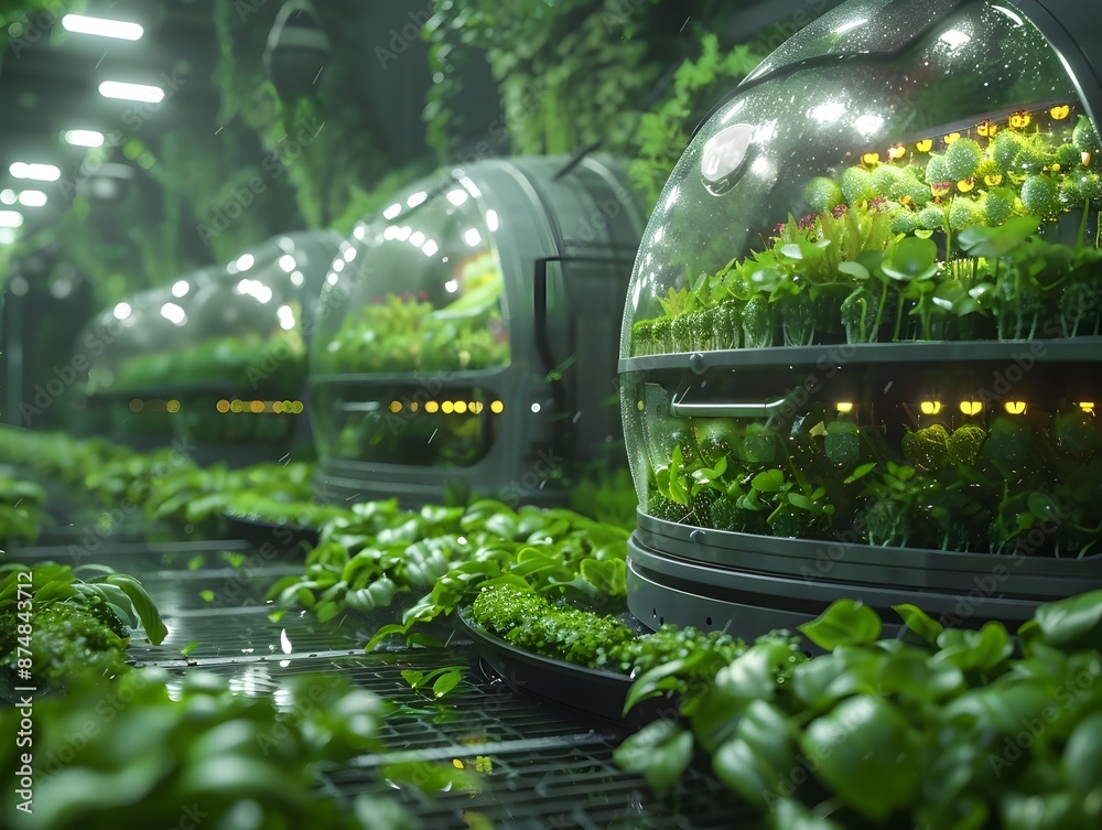 Poster futuristic bioreactor farm showcasing sustainable lab grown food production