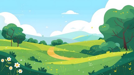 Obraz premium Landscape countryside nature background with sky, green trees, hill and meadow, vector illustration flat design. 