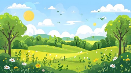 Landscape countryside nature background with sky, green trees, hill and meadow, vector illustration flat design. 