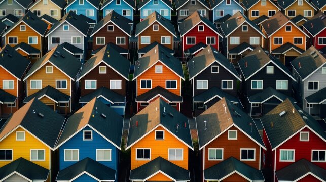 Row after row of identical houses but with mismatched colors and skewed angles creating a jarring and disorienting sense of detachment from reality