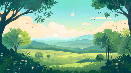Landscape countryside nature background with sky, green trees, hill and meadow, vector illustration flat design. 