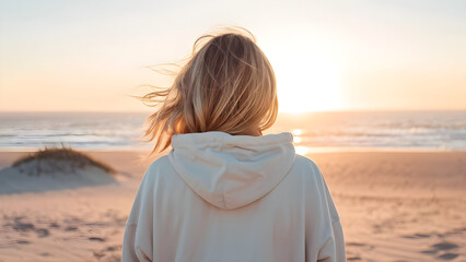Back of hip blond tan woman wearing white thick oversized hoodie on the beach landscape view
