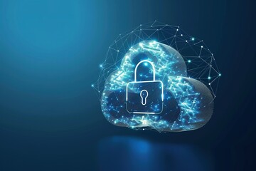 Futuristic Cloud security concept with glowing low polygonal cloud hi tech, mechanical technology symbol and padlock with access isolated on bright blue background. 