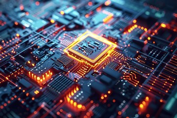 Obraz premium Futuristic core element with electronic circuit motion. modern conceptual hi tech, mechanical technology background for cyber security concept. Seamless loop.