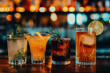 Four colorful cocktails with garnish resting on bar top in trendy bar