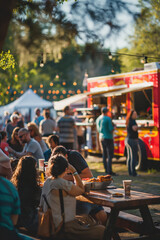 People enjoying food and drinks at outdoor summer festival © EdvvinStudios