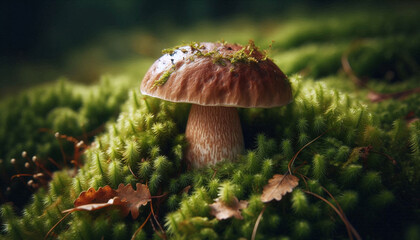 Realistic photo of a single mushroom sitting on top of moss covered ground. Perfect for nature and mushroom enthusiasts
