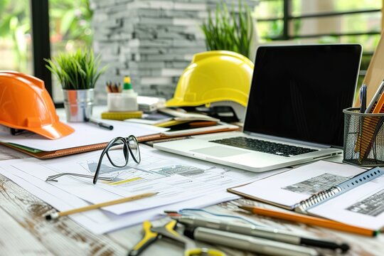 Laptop computer, tablet and smart phone mock up. Work desk with glasses, paper, pencil, construction tools.