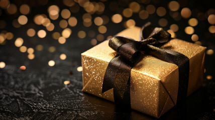 A luxurious golden gift box with a shimmering ribbon on a sleek black background, evoking the excitement of Black Friday sales