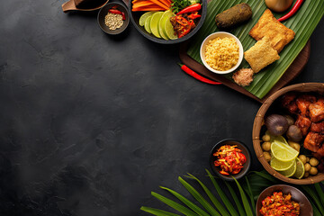Delicious balinese cuisine displayed on black textured surface with copy space