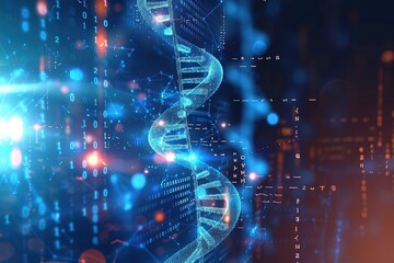 modern conceptual bright and blue digital background. Big data digital code, Data Communication and Transfer of DNA Biology. Futuristic information hi tech, mechanical technology concept.
