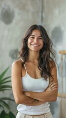 Fototapeta premium Confident and Happy Young Hispanic Female Health Coach and Yoga Instructor Advertising Wellness Retreat Courses in Yoga Studio - Labor Day Stress Relief and Mental Health Therapy