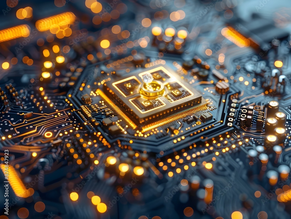 Poster intricate quantum computer chip with entangled qubits showcasing technological advancements in quant