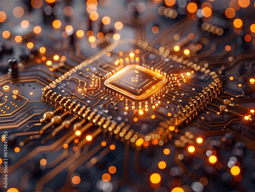 Poster quantum computer chip with intricate entangled qubits highlighting powerful processing
