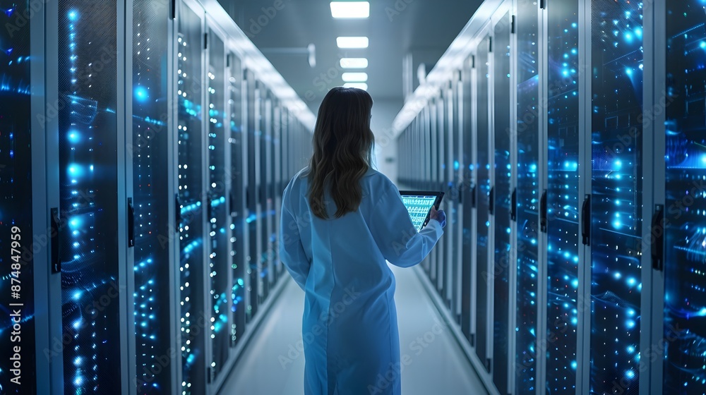 Poster futuristic quantum computer lab with scientists analyzing advanced data and technology