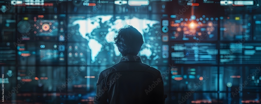 Poster quantum computing concept with futuristic holographic interface and artificial intelligence