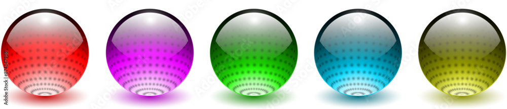 Poster colored spheres set, shiny 3d colorful glass balls with dots pattern inside.