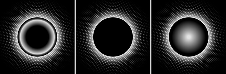 White halftone dots on black background, circular dots pattern with copy space.