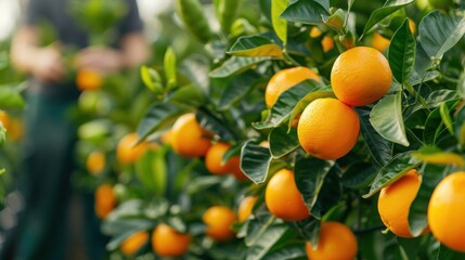 Close-up of ripe oranges on a tree branch in an orchard.  A farmer is harvesting the fruit in the background.
