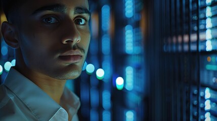 The close up picture of the IT specialist man from south asia is looking at camera and working in the server room, the IT specialist require skill like technology knowledge and data analysis. AIG43.tt
