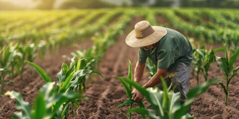 Farmer working in a field of green crops.