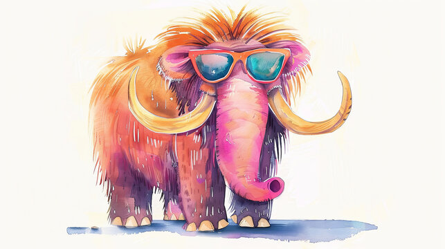 Portrait of a mammoth with sunglasses. Animal in watercolor drawing style. Illustration for cover, card, postcard, interior design, decor or print.