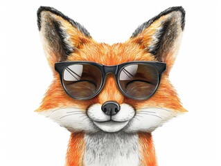 Fototapeta premium Portrait of a fox wearing sunglasses. Animal in watercolor drawing style. Illustration for cover, card, postcard, interior design, decor or print.