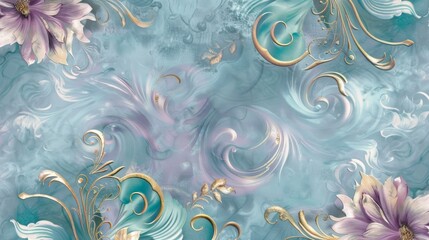 Delicate yet eyecatching this abstract floral pattern is made up of intricate swirls and loops in shades of mauve turquoise and gold
