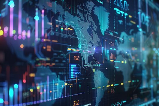 4k HUD graph with rising up arrow and bar stats,Financial data,diagrams showing a steady increase in profits,growing charts and flowing counters of numbers,digital data wall with world map.