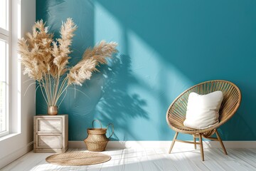 Commode with chair and decor in living room stylish interior, bright blue wall mock up background, 3D render