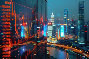 Digital composite of various financial charts against cityscape