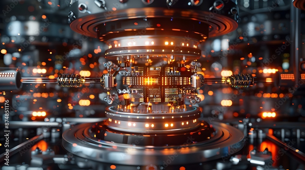 Poster futuristic quantum computing hub with interconnected quantum processors forming a powerful quantum n