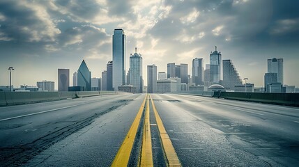 Fototapeta premium Empty wide asphalt road and city skyline. Side asphalt tarmac floor with buildings and modern cityscape. 