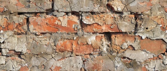 Obraz premium Weathered Brick Wall with Cracked Plaster and Exposed Red Bricks in Sunlight