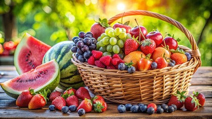 Vibrant summer fruits like juicy strawberries, colorful grapes, and refreshing watermelon overflow from a woven basket on a sunny wooden table.