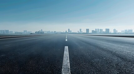 Naklejka premium Empty wide asphalt road and city skyline. Side asphalt tarmac floor with buildings and modern cityscape. 
