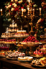 Delicious desserts displayed on a table being illuminated by candelabras
