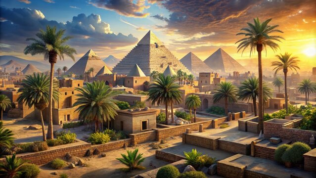 Ancient Egyptian cityscape with pyramids, palm trees, and hieroglyphics adorned walls, conveying Jews' harsh slavery era in biblical history.