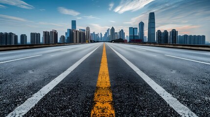 Fototapeta premium Empty wide asphalt road and city skyline. Side asphalt tarmac floor with buildings and modern cityscape. 