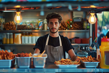 Young man selling street fast food